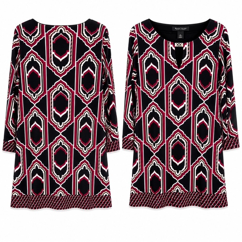 White House Black Market Geometric Print Tunic Dress Size Large Maroon Burgundy